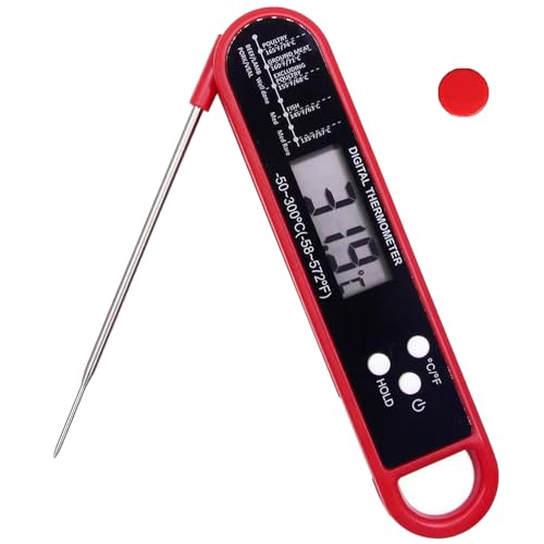 Meat Thermometer Digital,Instant Read Food Thermometer with Backlight LCD Screen, Waterproof Foldable Long Probe,Auto On/Off, Perfect for Kitchen Cooking,BBQ,Candy Making,BBQ (Red)
