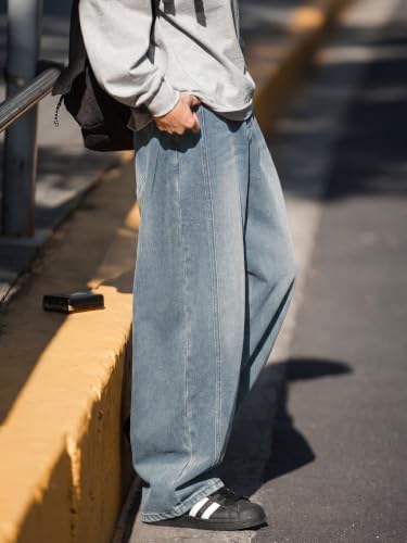Areant Mens Baggy Hip-Hop Jeans Wide Leg Loose Fit Denim Pants Y2K Vintage Streetwear Skater Jeans with Elastic Waist Light Blue XX-Large — view 3