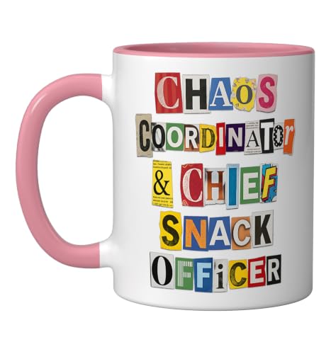 Chaos Coordinator Chief Snack Officer Funny Quote Ceramic Mug, Pink/White