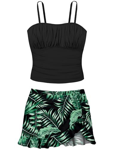 Image of Girls Tankini Swimsuits Tropical Print Bathing Suit Two Piece Girls' Swimwear with Tie Side Knot 9-16T