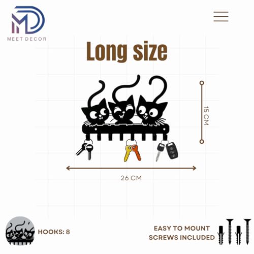 Image of Meet DECOR Metal Cat Family Design Key Holder with 8 Hooks | Decorative Wall Mounted Key Rack for Home, Entryway, Kitchen & Office | Organizes Keys, Accessories & Small Items