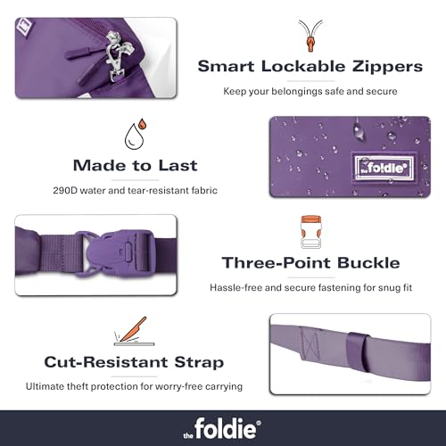 The Foldie Foldable Crossbody Bags for Women & Men - Anti-Theft RFID-Safe Fanny Pack with Smart Lockable Zippers and Cut-Resistant Strap - Lightweight Waist Pack for Travel & Everyday Use - Purple