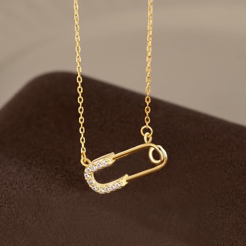 Reffeer Solid 925 Sterling Silver Safety Pin Choker Necklace for Women Teen Girls Paper Clip Pendant Necklace CZ Pin Necklace (B-Gold) by Reffeer - Image 6