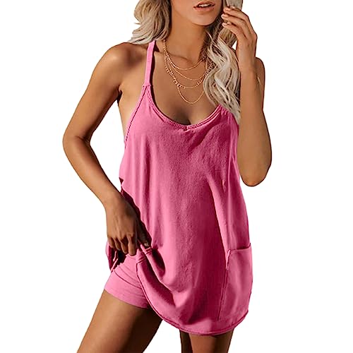 Womens Workout Romper Dress with Shorts Underneath Sleeveless Spaghetti Straps Athletic Outfits Casual Vacation