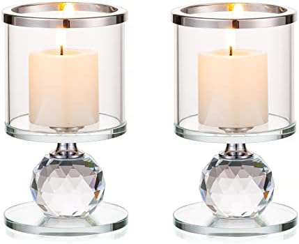 Sziqiqi Crystal Pillar Candle Holder Set of 2, Clear Glass Candlestick Holders Tealight Candle Stand Candlelight Dinner Table Centerpiece for Wedding Gifts Mantlepiece Fireplace Decoration, Silver Rim