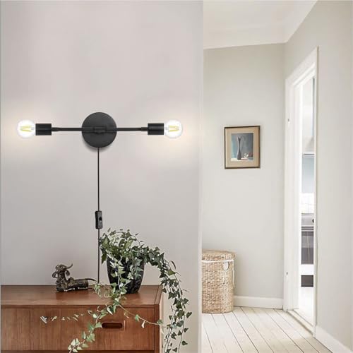Image of KCO Lighting Plug in Black Wall Sconce 2 Light Vanity Light Fixture Slim Wall Sconce Plug in Vintage Wall Lamps for Living Room Bedroom