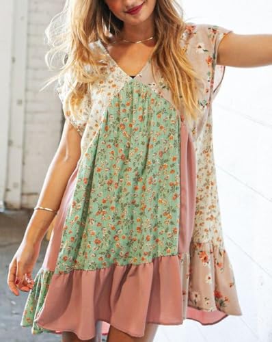 Image of SOOKABEILA Women's Boho Mini Dress Y2k Floral Print Deep V-Neck Puff Sleeve Short Dress 2025 Summer Loose Beach Sundress