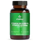 Vitabay Vitamine D3 + K2 Depot – 180 comprimés végétaliens – hautement dosé – 5000 UI vitamine D3 avec K2 MK7 all trans – sans additifs – vegan & testé en laboratoire en Allemagne – réserve 18 mois