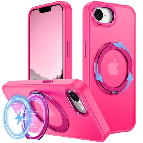 v-Golvin Strong Magnetic for iPhone 17e Case,iPhone 16e Case with Stand,Fit for MagSafe,360°Rotatable Ring Designed,Translucent Matte Texture Protective Military Grade Shockproof,Hot Pink