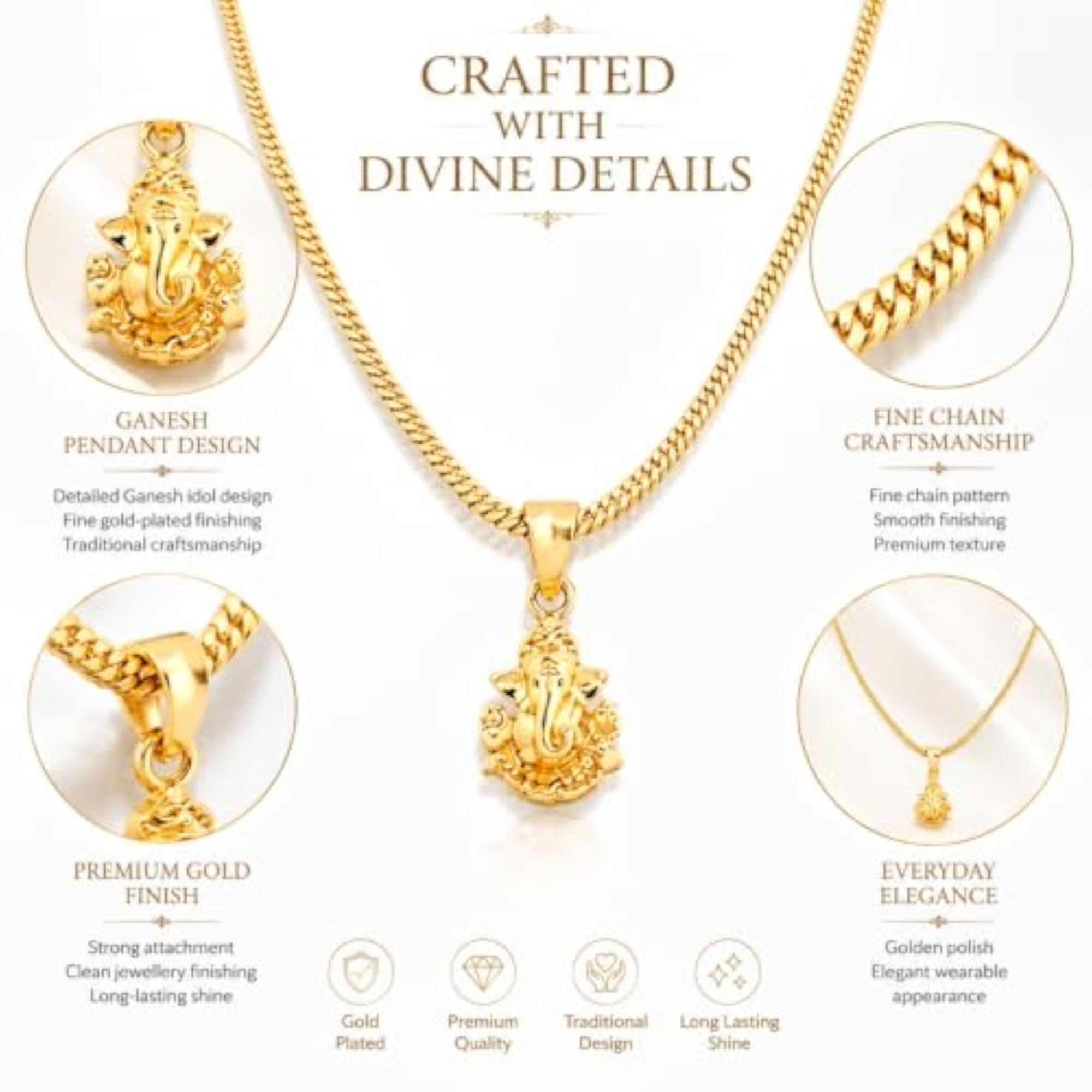 Ganesh Ji Pendant with Micro Gold Plated Brass Chain, Traditional Necklace