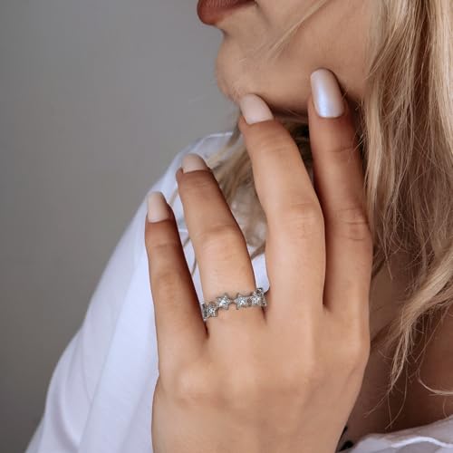 Silver Star Ring with Cubic Zirconia for Women Men, Irregularly Arranged Stars Hypoallergenic Jewelry Gift Wedding Band Promise Ring2