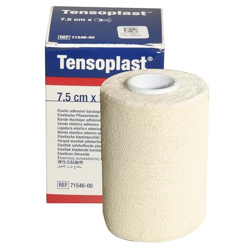 ( 1067 ) BSN MEDICAL - Venda elástica Adhesiva Tensoplast, Bordes Suaves y Material Adhesivo Poroso, Franja Central Amarilla, Tamaño 4,5 m x 7,5 cm, 1 pieza