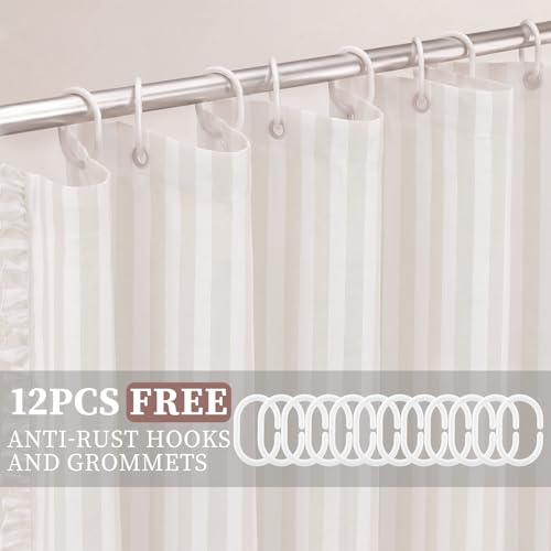 CrystalSylara Beige Striped Shower Curtain with Ruffle Edge Cotton Fabric Vintage Shower Curtain 72x72 Inches Country Style Bath Decoration for Farmhouse Bathroom by CrystalSylara - Used condition - Image 6