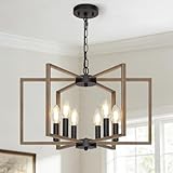 6 Light Farmhouse Chandelier, Dining Room Light Fixture with Wood Grain Painted, Metal Geometric Ceiling Light Rustic Hanging Pendant Lights with E12 Base for Kitchen Island Entryway Foyer, Indoor