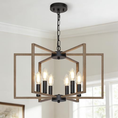 6 Light Farmhouse Chandelier, Dining Room Light Fixture with Wood