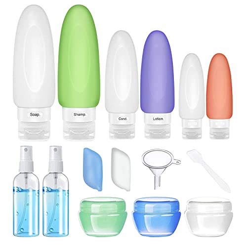Silicone Travel Bottle Set, 16 Pcs Silicone Bottle Container Spray Bottles Cream Jars Leak-proof Cosmetic Toiletry Travel Containers with Optional Tag
