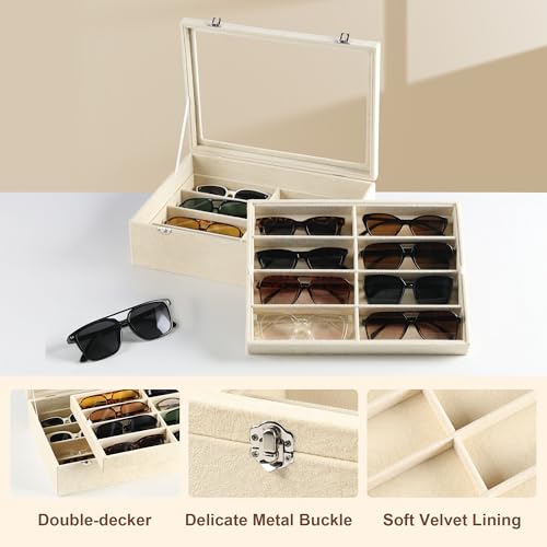 Frebeauty 16 Slots Sunglasses Organizer,2 Layer Velvet Sunglasses Tray with Glass Lid,Multiple Pairs Sunglass Display Case for Man or Woman,13.7 * 10.25 * 4.1 Inches Eyeglass/Eyewear Box (Beige) by Frebeauty - Image 4