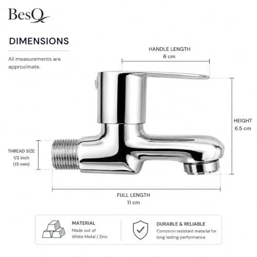 Image of Wall Mounted Bib Cock | Faucet for Bathroom, Kitchen Wash Basin and Utility Areas | Heavy Duty Brass Construction with Mirror Chrome Finish | Smooth Single Lever Water Tap for Residential