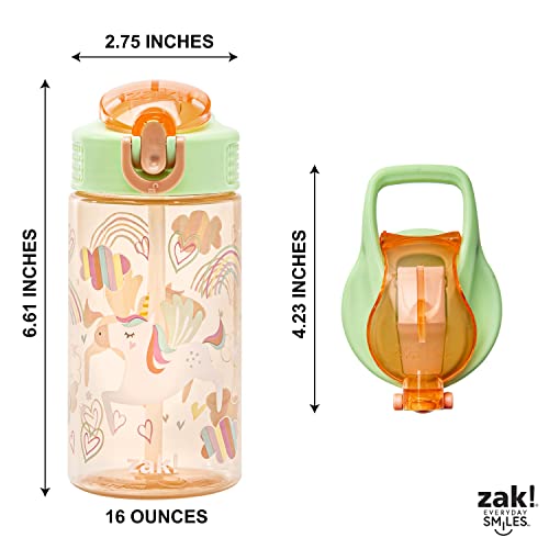 Zak Designs Kids Water Bottle For School Or Travel, 16Oz Durable Plastic Water Bottle With Straw, Handle, And Leak-Proof, Pop-Up Spout Cover (Unicorn) #TOP6