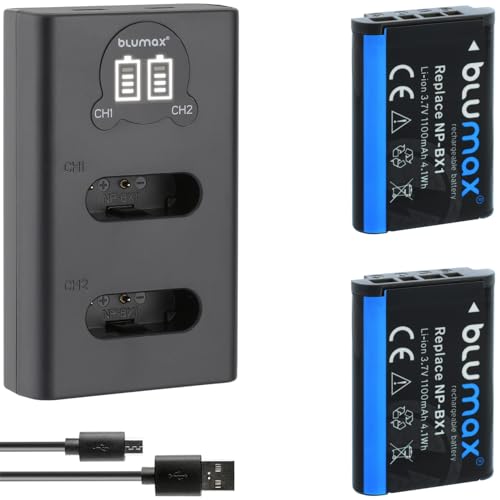 Blumax 2X Akku 1100mAh ersetzt Sony NP-BX1 + Slim Dual-Ladegerät USB - kompatibel mit Sony Cyber-Shot DSC-RX100, DSC-RX100 II, DSC-RX100M II, DSC-RX100 III, DSC-RX100 V, DSC-RX100 IV, HDR-CX405 ZV-1