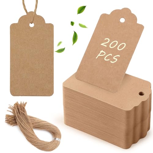 SallyFashion 200pcs Gift Tags with String Attached, 1.6 x 2.8 inch Kraft Paper Hang Handmade Tags for Clothes Birthday Wedding Holiday DIY Crafts (Brown Water Ripple)