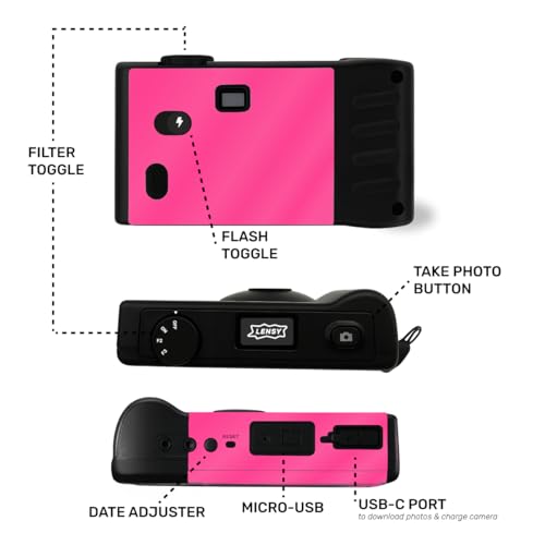 LENSY Screen Free Digital Camera | Four Built in Filters | Rechargeable, 8mp, Lightweight, Focus-Free, Auto-Flash, Easy-to-Use, Reusable, Retro Film-Style Photos (Pink) by Lensy - Image 3