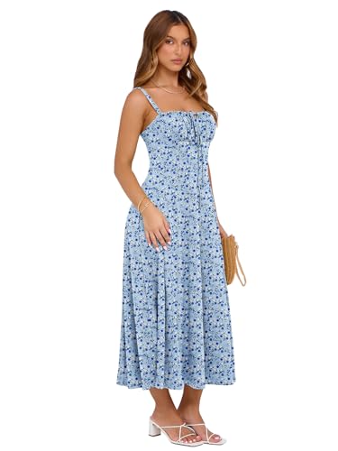 Image of YATHON Women's Summer Midi Corset Boho Dresses Spring Casual Floral Spaghetti Straps Lace Up Dress Flowy Aline Beach Sundress