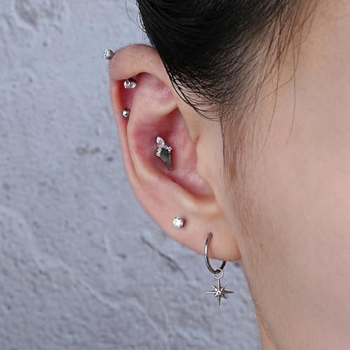 FINE4U Dangle Earrings for Women - Titanium North Star Drop Huggie Earrings for Women, Dainty Nickel Free Earrings Jewelry s (Green CZ) by FINE4U - Used condition - Image 4