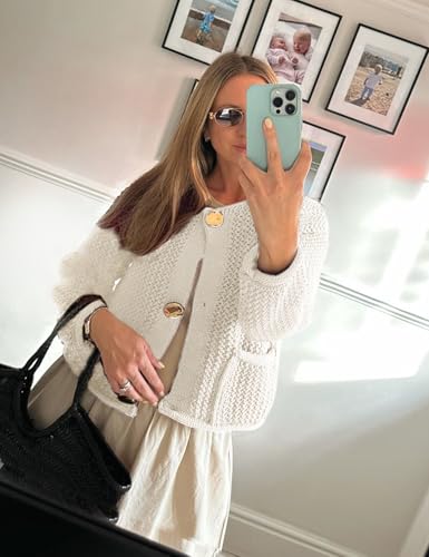 Yimoon Womens Cropped Cardigan Sweaters Gold Button Down Chunky Knit Sweaters Long Sleeve Open Front Fall Crochet Cardigan(Beige-S)2