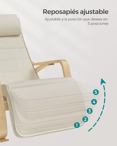 Miniatura 6 de Songmics Silla Mecedora Con Apoyabrazos De Madera De Abedul, Con Reposapiés Ajustable En 5 Posiciones, Capacidad De Carga Máxima 150 Kg, Dormitorio, Salón, Beige Lyy10m