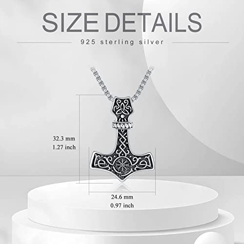 Kxj Norse Viking Thor's Hammer Necklace S925 Sterling Silver Viking Mjolnir Compass Amulet Pendant Jewelry Gifts For Men Women With 22"+2" Rolo Chain For Boys Dad Birthday Graduation Anniversary #TOP5
