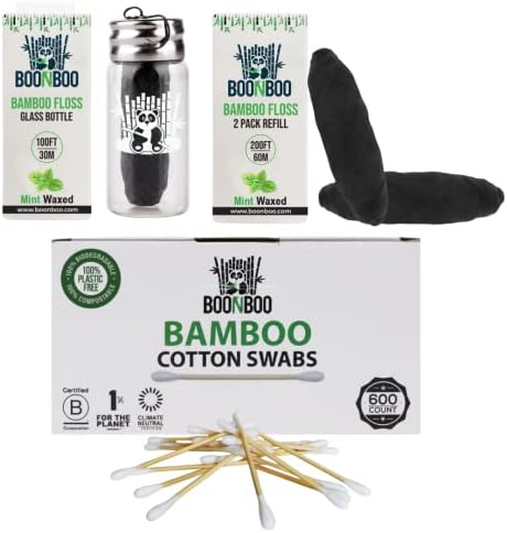 BOONBOO Bamboo Charcoal Dental Floss with Glass Holder + 2pcs Refill + 600ct Cotton Swabs