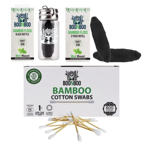 Boonboo Bamboo Charcoal Dental Floss With Glass Holder + 2Pcs Refill + 600Ct Cotton Swabs #TOP7