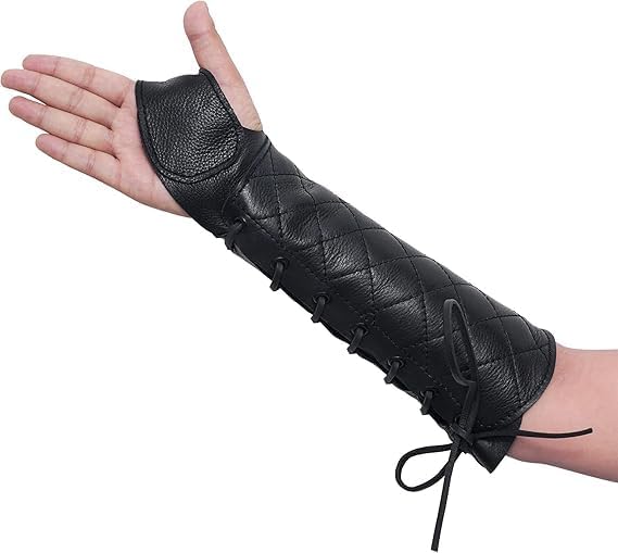 Medieval Archery Arm Guard, Black Leather, Lace-up Design with Quilted Pattern, Adjustable Wrist Support