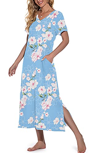 PrinStory Womens Long Nightgown Short Sleeve Nightshirt V-Neck Soft Night Gown Casual Sleepwear FP-Light Blue-Large