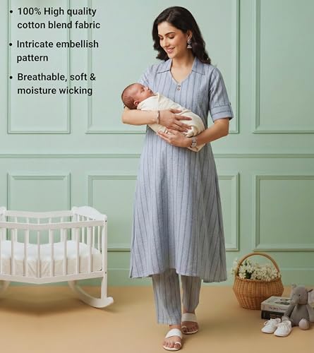 Image of DUMMY SHAPE Feeding Dresses for Women Full Set | Cotton Blend Maternity Kurta Pant Suit with Dual Nursing Zippers, Side Pocket to Pre & Post Pregnancy | Mom to Be Gifts