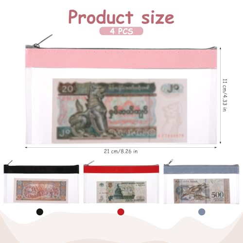 4 sacos de dinheiro com zíper, envelopes para dinheiro de 20 x 10 cm, envelopes transparentes com zí