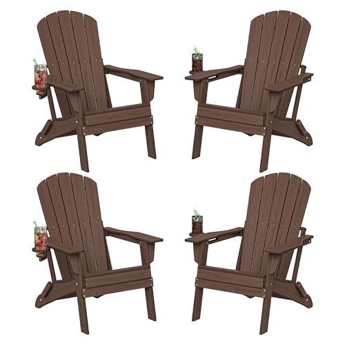 Plawdlik Folding Adirondack Chair Set of 4, Cup Holder，Wooden Textured ，Heavy All-Weather HDPE...