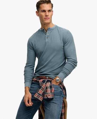 Superdry LW Textured Grandad Top T-Shirt, Copen Blue, L Men's