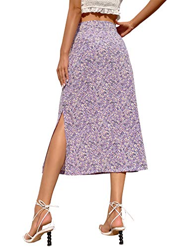Lyaner Women's Floral Print Side Split High Waist Zipper Midi Skirt Purple Small #TOP1