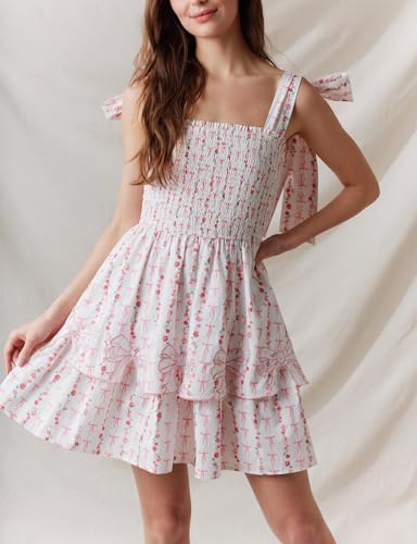 Image of Women Tie Shoulder Mini Dress Floral Ruffle Babydoll Dress Boho Square Neck Sundress Cute Summer Dresses