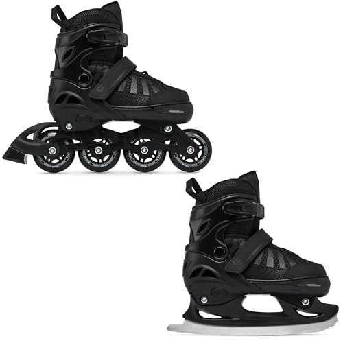 RAVEN Inline Skates Inliner für Kinder und Erwachsene OPTIONAL 2in1 mit Schlittschuhen verstellbar Oxen (Oxen Black mit Kufen, 38-42 (25cm-27,5cm))