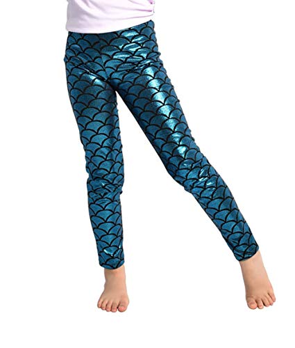 YgneeDom Kids Girls Mermaid Leggings Shiny Metallic Scale Pants for Halloween Dance Party