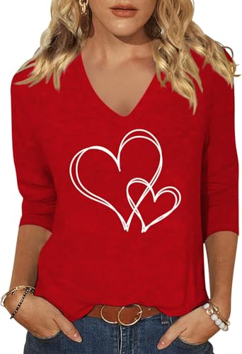 Image of Woffccrd Womens 3 /4 Sleeve V Neck T-Shirts Valentina's Day Spring Shirts Love Heart Printed Graphic Tees