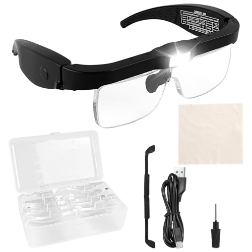 Magnifying Glasses with 4 LED Lights, Headband Magnifier with 5 Detachable Lenses 0.75X, 1.25X, 2X, 3X, 4X-Rechargeable Hands Free Lighted Head Magnifier Glass for Crafts, Cross Stitch, Hobby