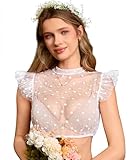 DIRNDLSTERN Dirndlbluse Damen Weiß - Trachtenbluse aus Tüll mit Flügelärmeln und Blümchen & Punkten für Oktoberfest 42