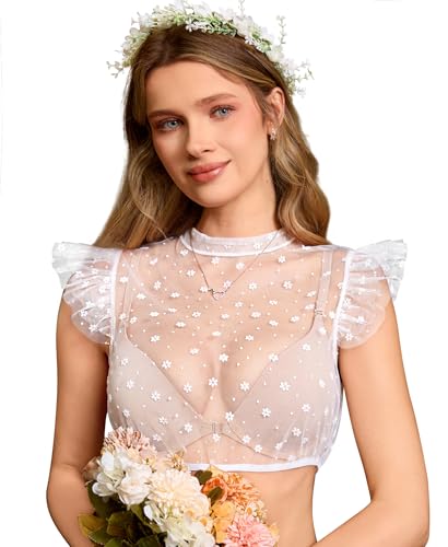 DIRNDLSTERN Dirndlbluse Damen Weiß - Trachtenbluse aus Tüll mit Flügelärmeln und Blümchen & Punkten für Oktoberfest 38