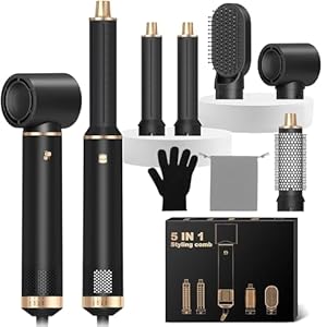 Hair Styler 5 in 1, Airstyler Haarstyler Set mit Rundbürstenföhn, Warmluftbürste, Airflow Lockenstab Automatisch, Haartrockner, Haarglätter Bürste für Glätten, Trocknen, Volumen, Locken
