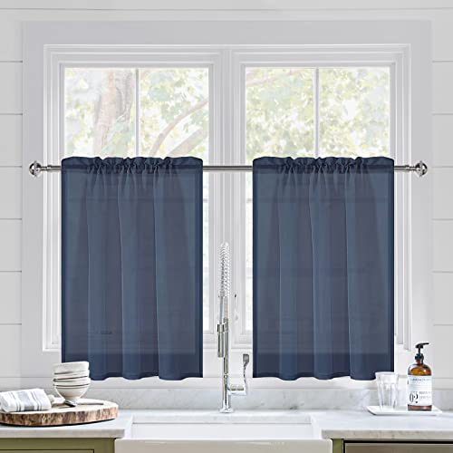 DWCN Short Navy Blue Sheer Curtains 36 Inches for Kitchen 2 Panels