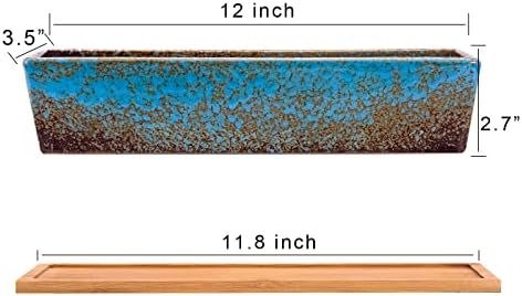 ARTKETTY Succulent Plant Pots, 30 CM Long Rectangle Succulent Plant Pots with Drainage Tray, Large Ceramic Cactus Flower Plants for Indoor/Outdoor Plants Shallow Bonsai Window Box Home Decor, Blue